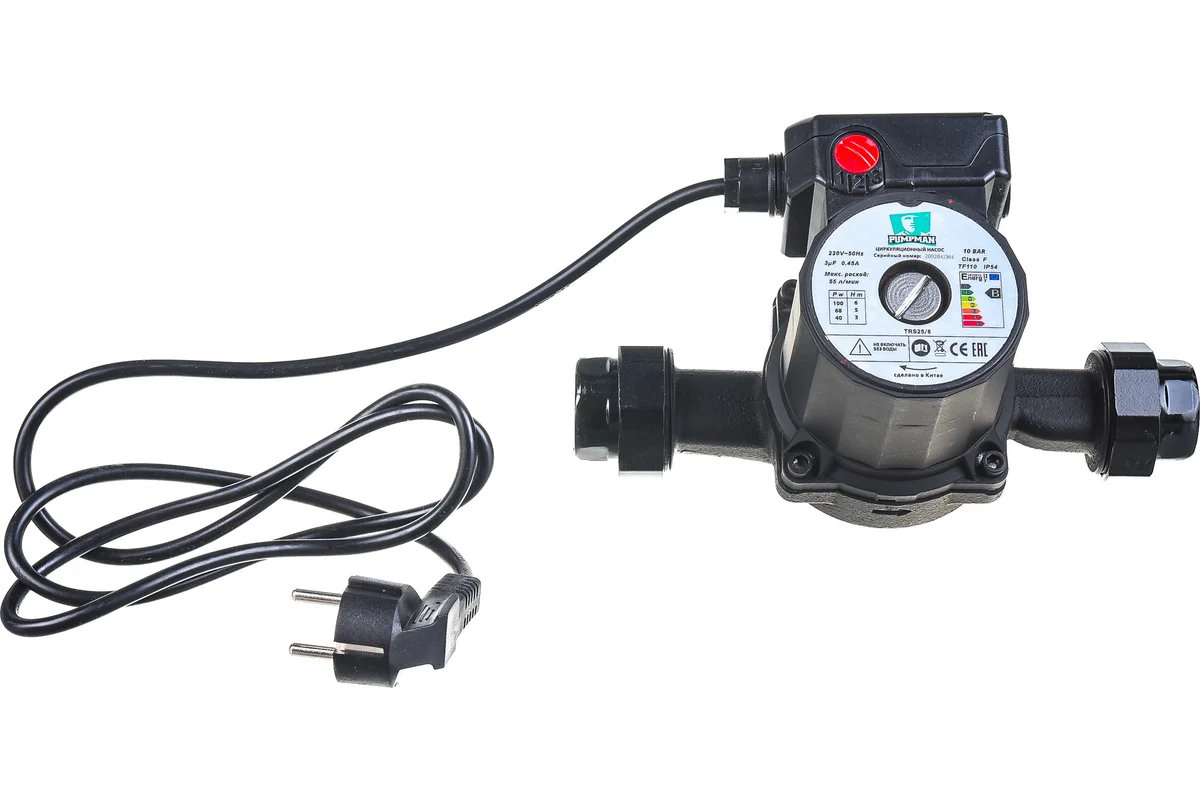 Насос PUMPMAN циркуляционный TRS25/6 (Pmax-100Вт, Hmax-6м, Qmax-42л/мин, 130мм, с гайками и кабелем)