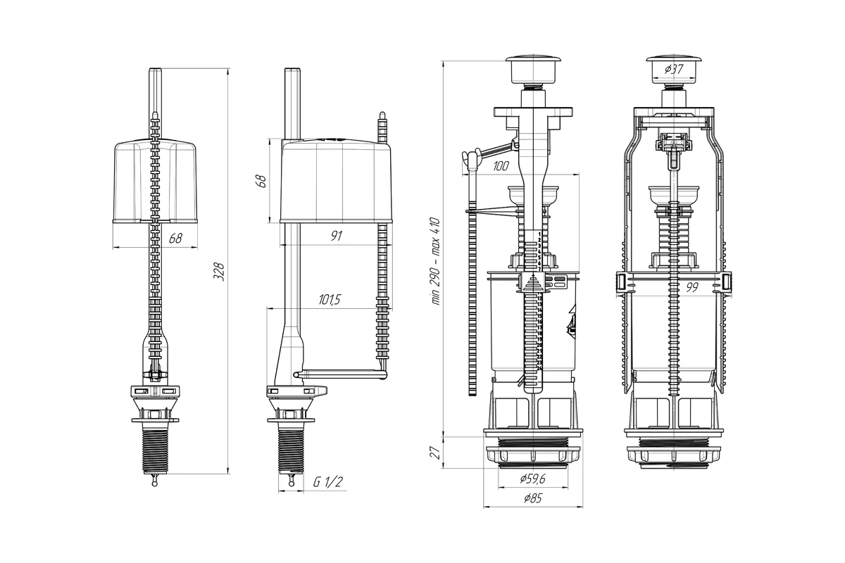 Арматура WC6550 с нижней подводкой 1/2" пластик эконом (Анипласт)