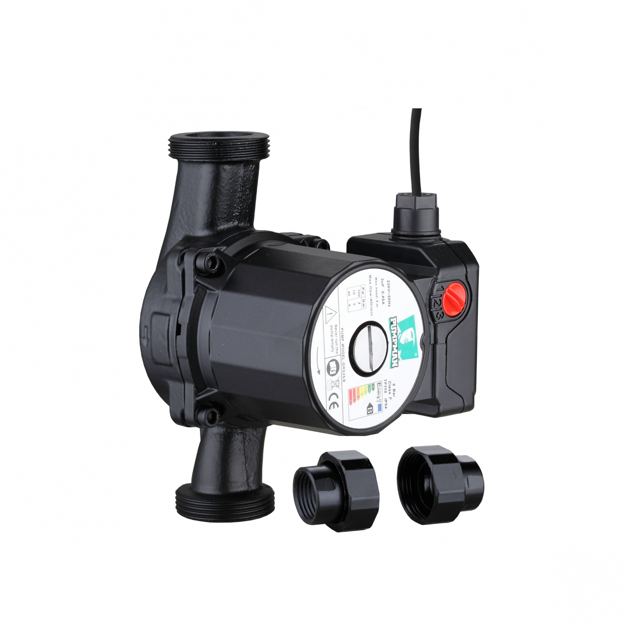 Насос PUMPMAN циркуляционный TRS32/8 (Pmax-100Вт, Hmax-6м, Qmax-55л/мин, 180мм, с гайками и кабелем)